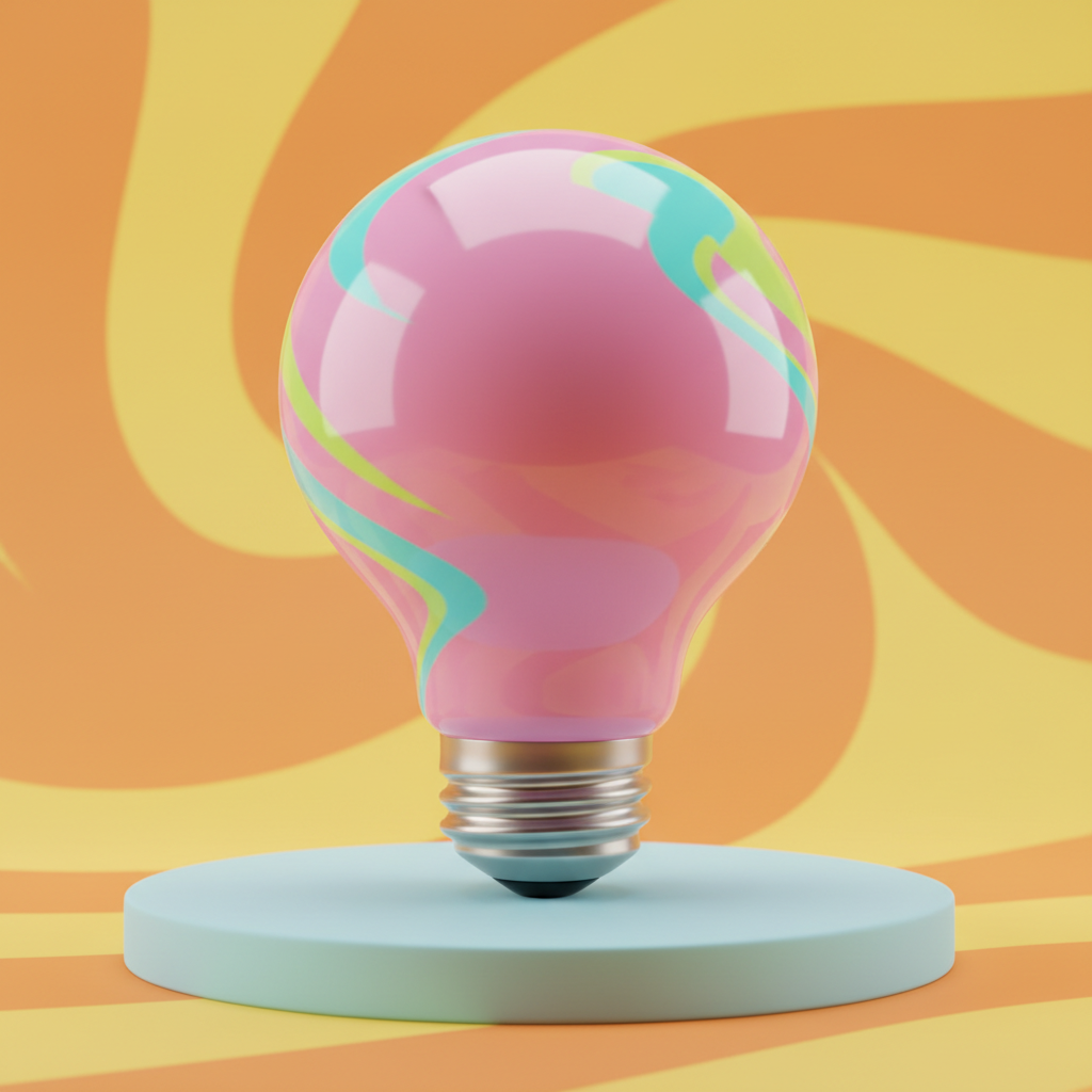 A whimsically oversized lightbulb with a glossy, candy-like finish in bubblegum pink, its glass surface reflecting pops of turquoise and chartreuse, sits in the center of a circular, pastel blue platform. The background features swirling, abstract waves in lemon yellow and tangerine orange. Soft studio lighting bounces across the scene, creating a vivid highlight along the bulb’s curved silhouette. The camera captures the image straight on at eye level for a balanced, rule-of-thirds composition, radiating energetic ideas and playful inspiration, all in a photographic vibrant style with rounded, energetic elements.