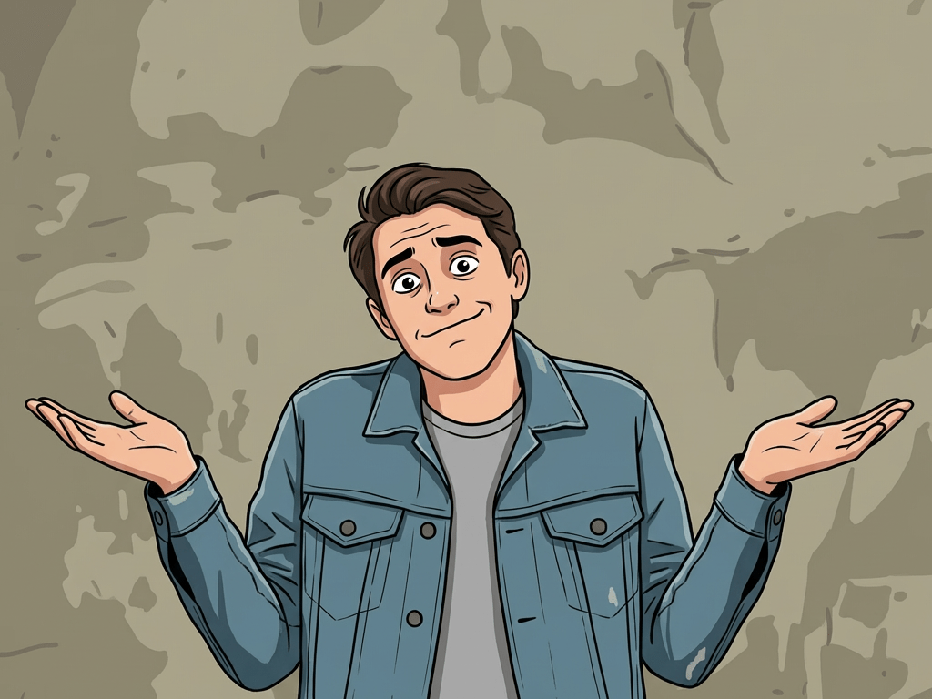 A man wearing a denim jacket shrugging his shoulders with hands outstretched.