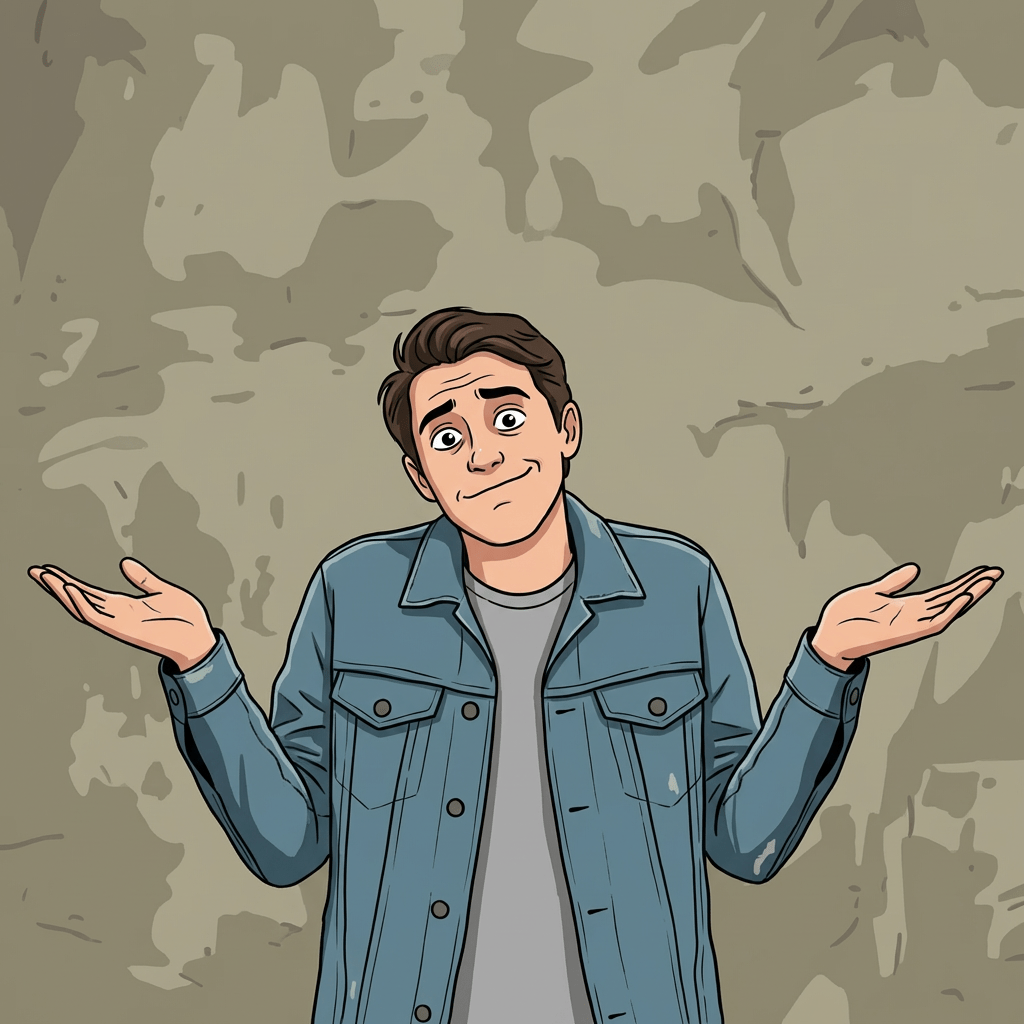 A man wearing a denim jacket shrugging his shoulders with hands outstretched.